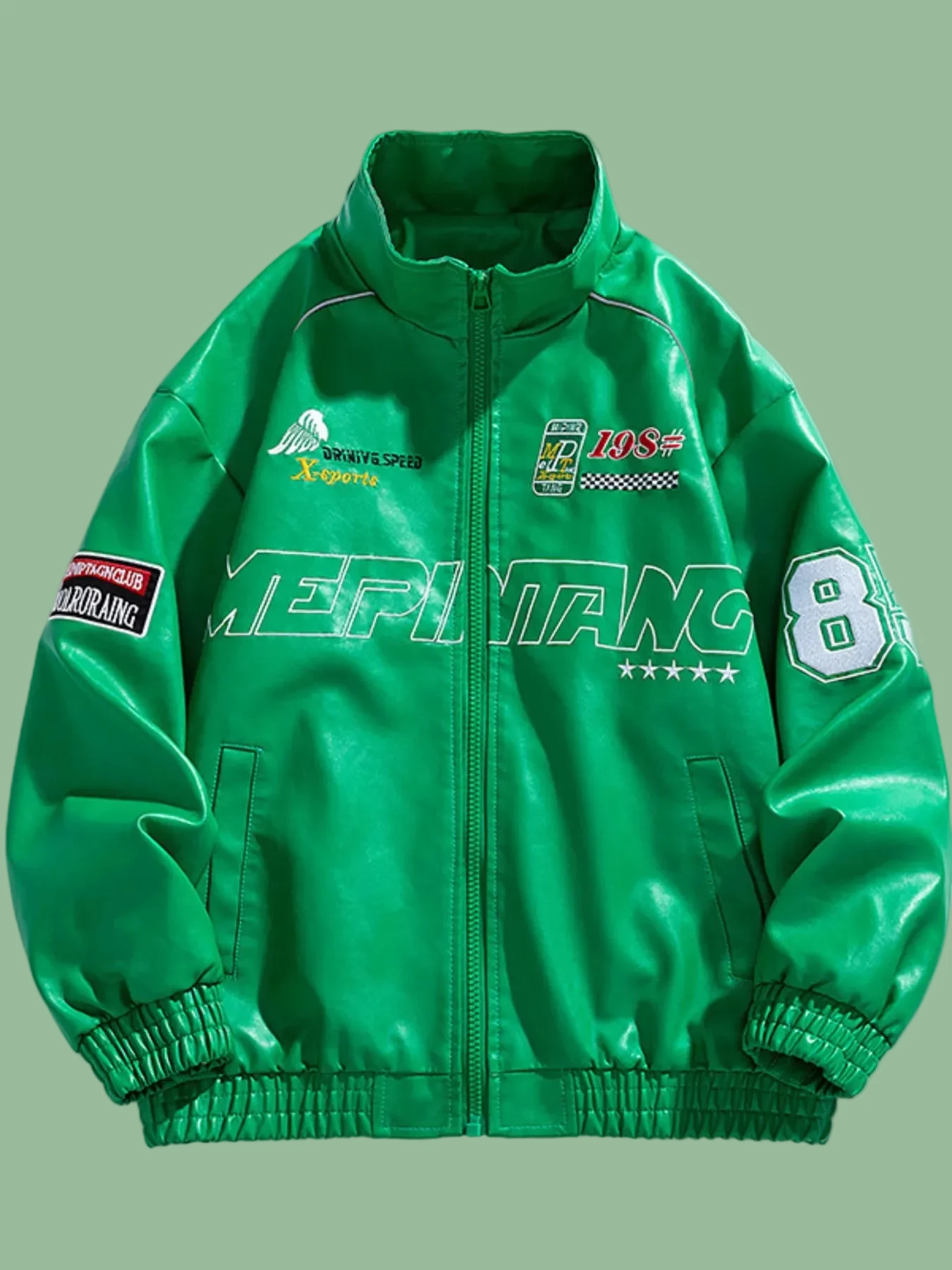 Front view of URBAN UNIT Racing Leatherette Shield in Green - bold futuristic racing jacket with technical decals and premium oversized fit.