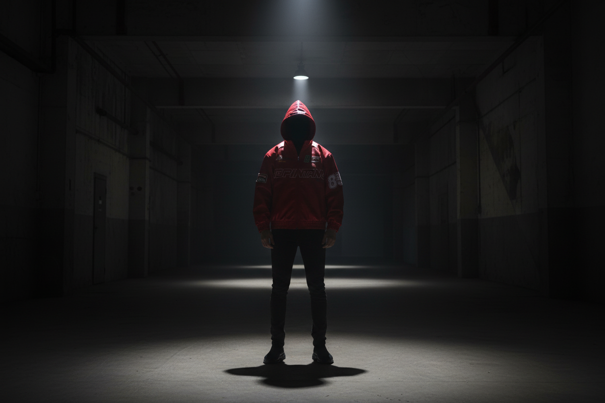 Full body shot of a person wearing the URBAN UNIT Racing Leatherette Shield in Red with a hood in a dark industrial warehouse – symbolizing discipline and the urban grind.