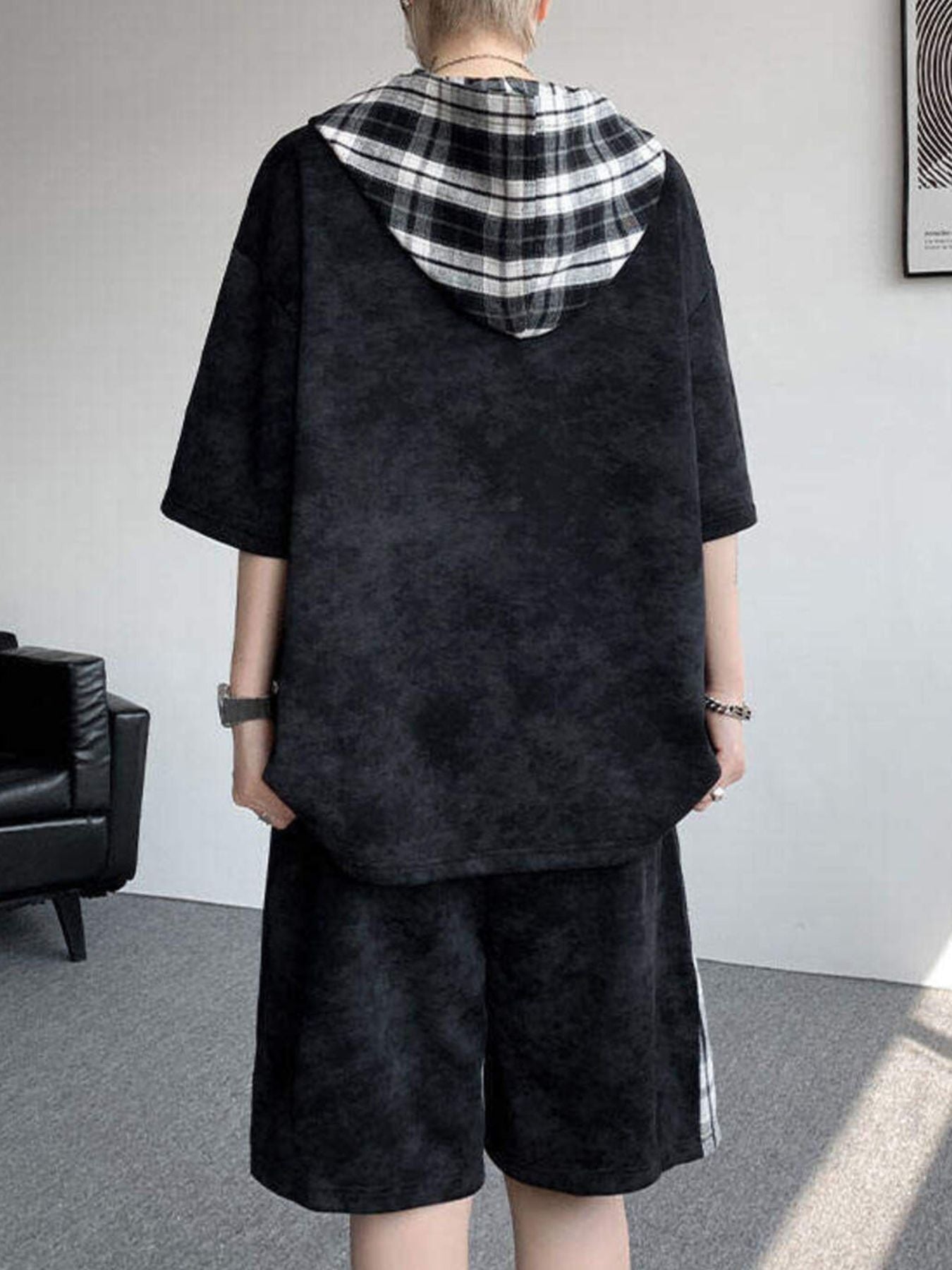 Back view of the URBAN UNIT VANGUARD Layered Set in Midnight Onyx, displaying the clean dark drape and structured plaid hood design.