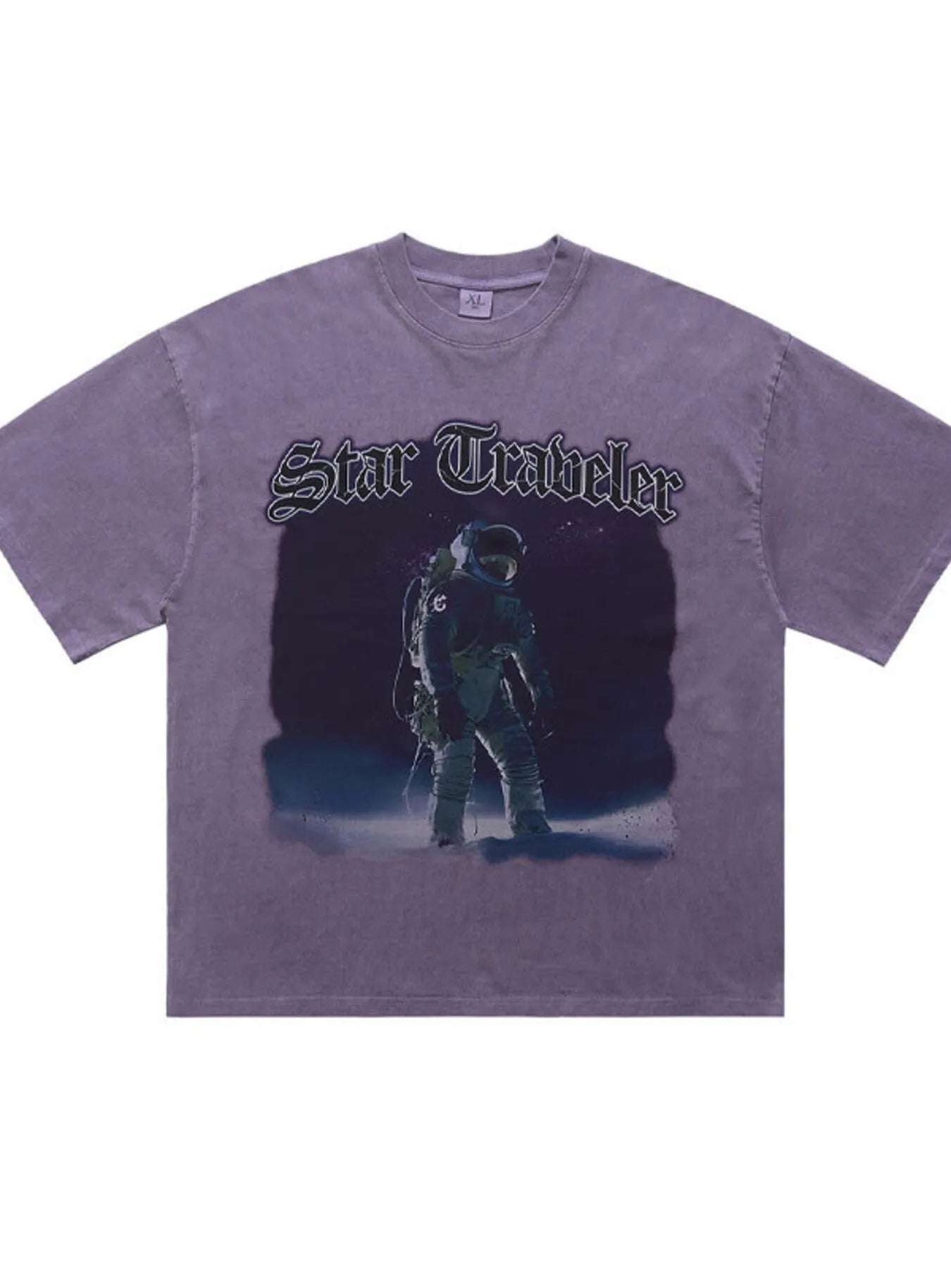 Flat lay of the URBAN UNIT Star Traveler Oversized Tee in Nebula Purple. Showcasing the heavy vintage wash, Star Traveler graphic, and premium cotton blend construction.