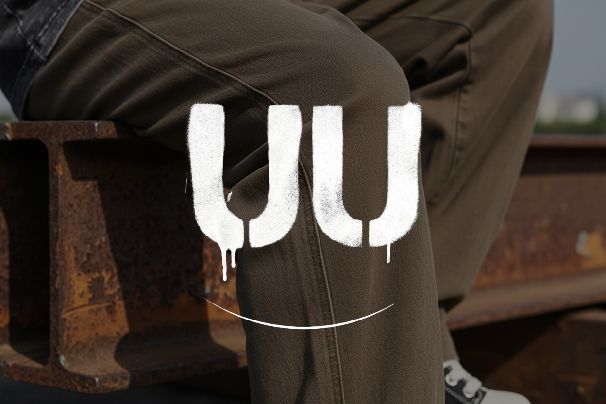 Close-up detail shot focusing on the vertical seam construction of URBAN UNIT baggy pants. Man sitting on a weathered, rusted steel beam, showing contrast between durable fabric and industrial textures.