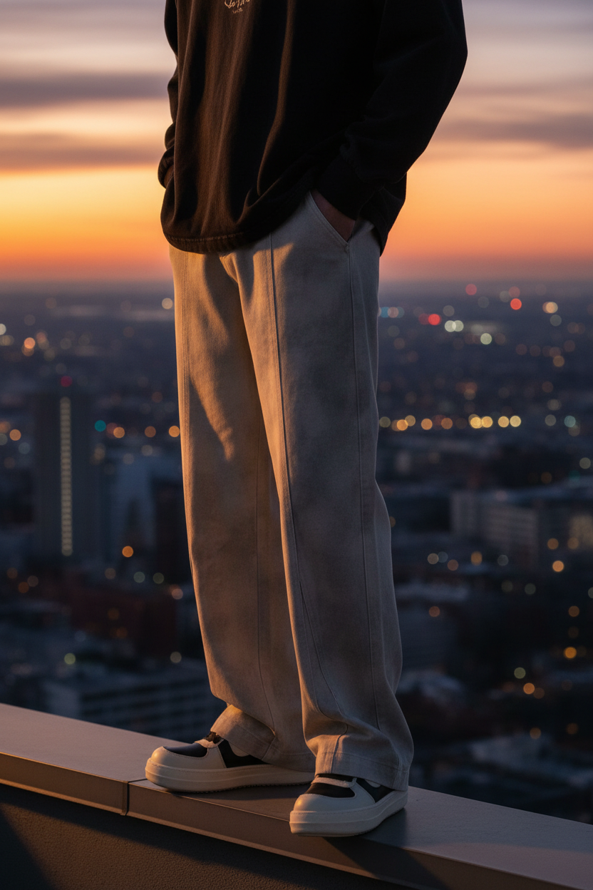 Silhouette of a man wearing oversized URBAN UNIT baggy pants standing on a high-rise rooftop overlooking a city skyline at sunset. Capturing the freedom of the urban grind at dusk.