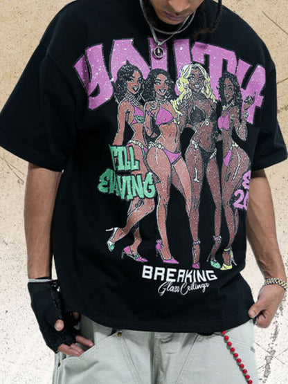 Model wearing the URBAN UNIT Glass Ceilings Oversized Graphic Tee in Midnight Black, showing the retro Y2K street aesthetic and relaxed drape.