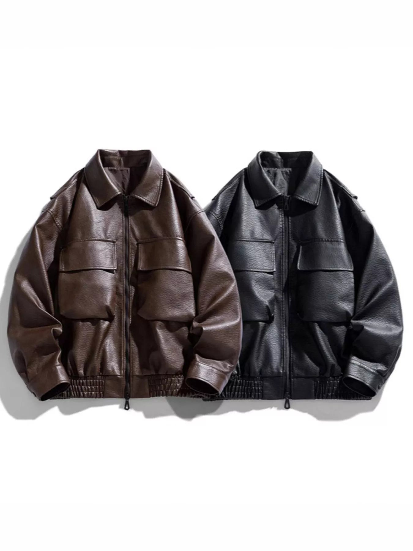UU PHANTOM SHELL Faux Leather Bomber Jacket — Raw Umber and Midnight Black colorway overview | URBAN UNIT