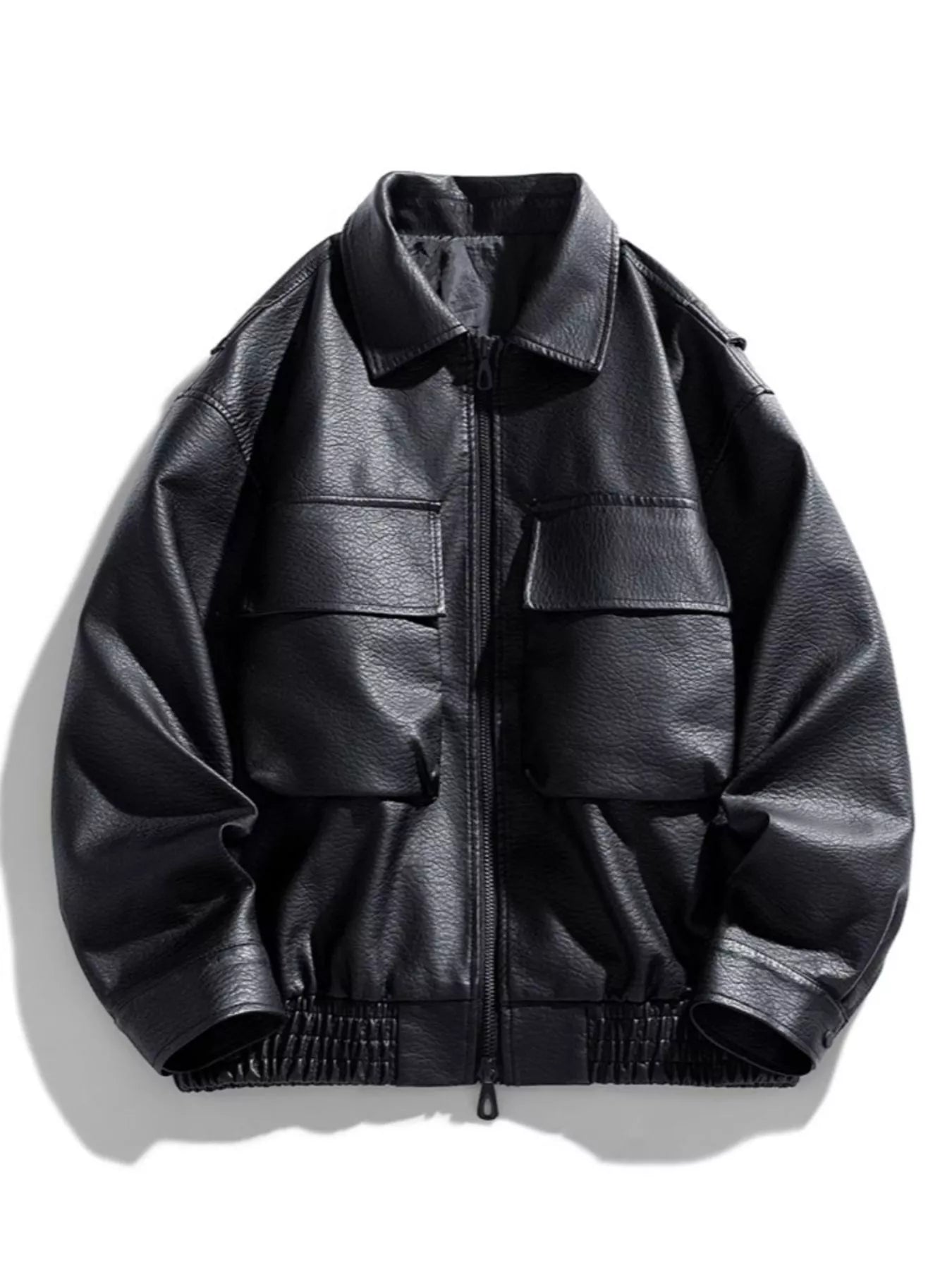 UU PHANTOM SHELL Faux Leather Bomber Jacket in Midnight Black — front view oversized fit | URBAN UNIT
