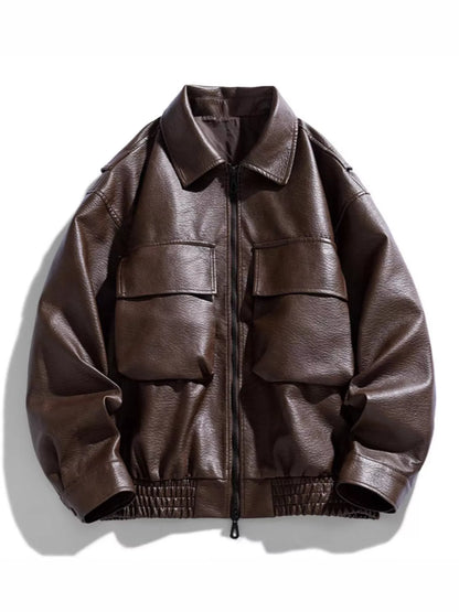UU PHANTOM SHELL Faux Leather Bomber Jacket in Raw Umber — front view oversized fit | URBAN UNIT