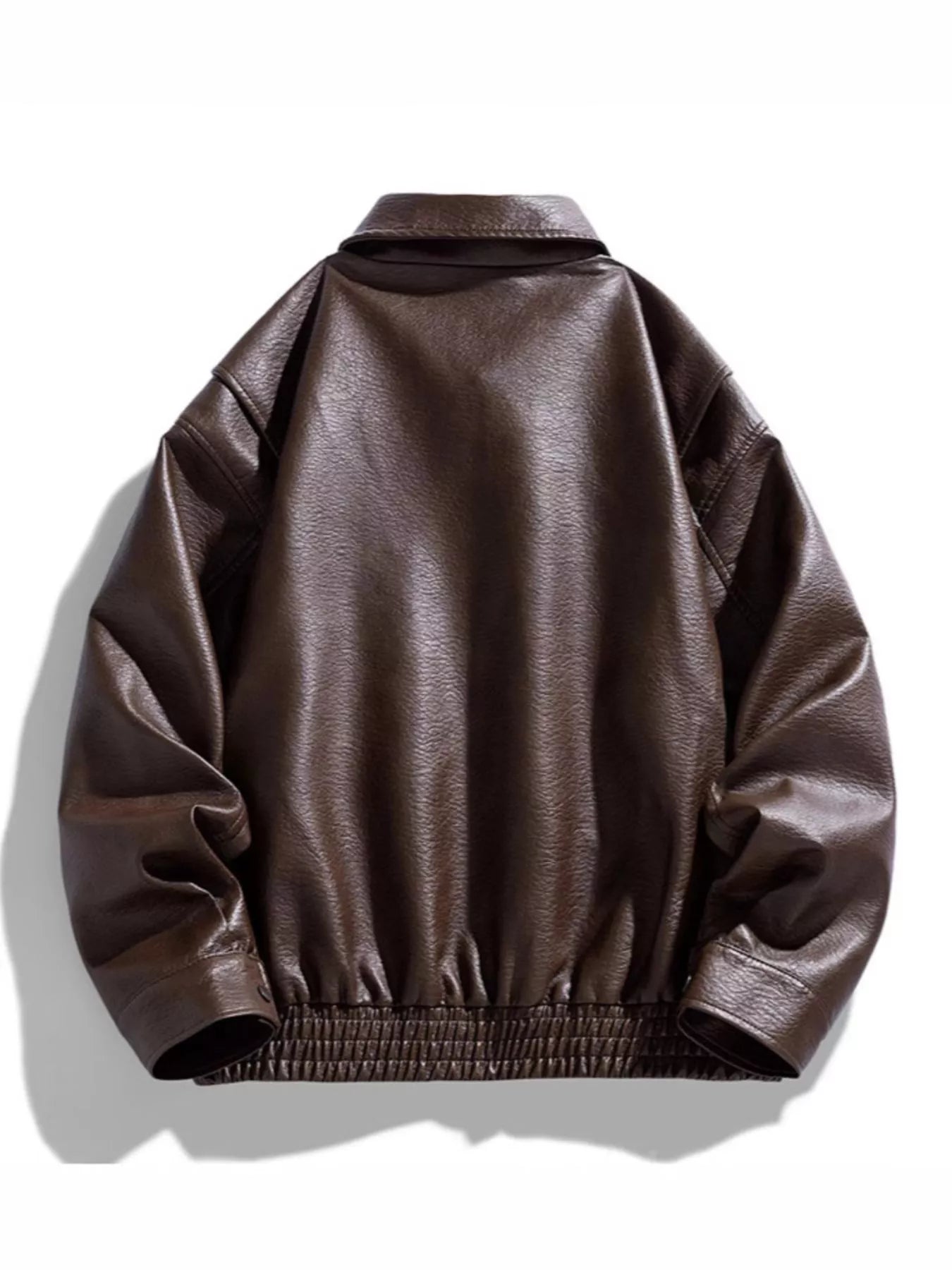 UU PHANTOM SHELL Faux Leather Bomber Jacket in Raw Umber — back view detail | URBAN UNIT
