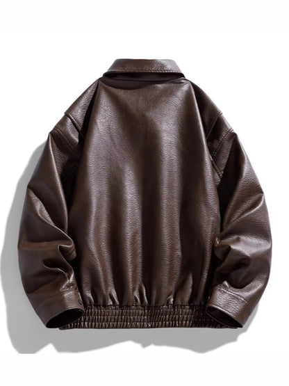 UU PHANTOM SHELL Faux Leather Bomber Jacket in Raw Umber — back view detail | URBAN UNIT