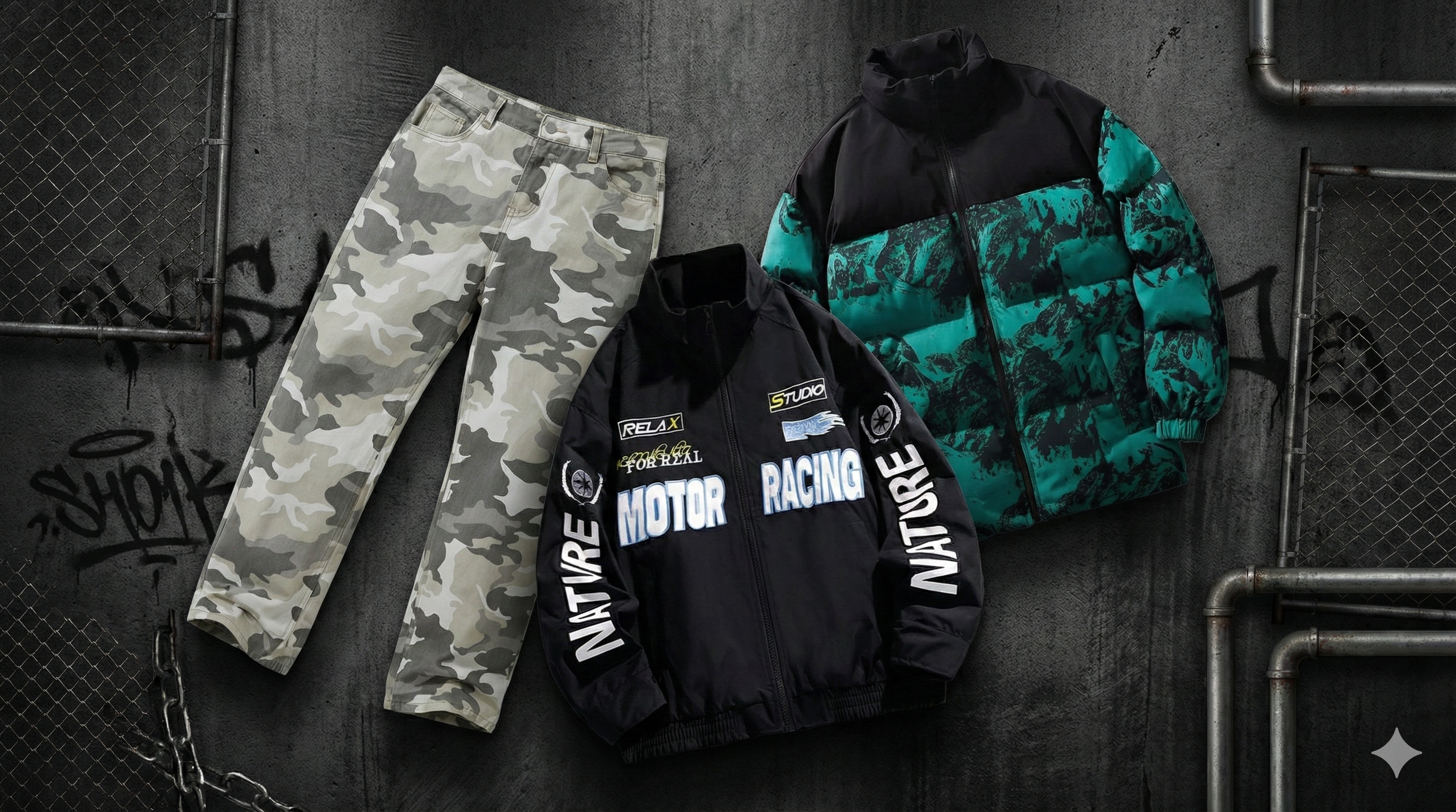 Urban Unit Streetwear Set: Schwarze Racing-Jacke mit Nature-Print und Camouflage-Hose vor grauem Betonhintergrund