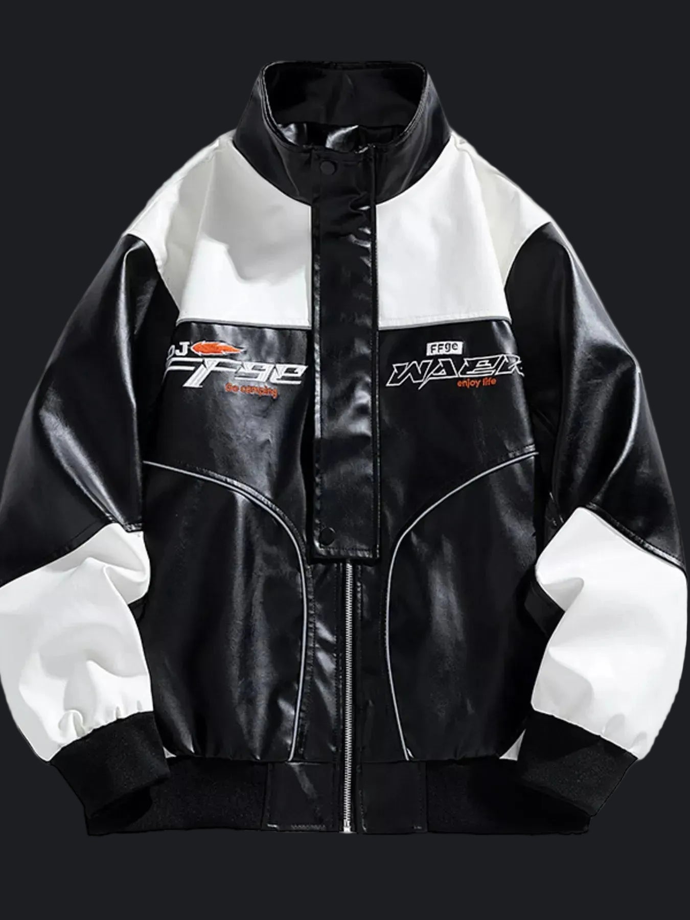 Front view of the URBAN UNIT Apex Track Jacket in black and white, featuring racing-inspired chest graphics and premium faux-leather finish in a loose-fit cut.