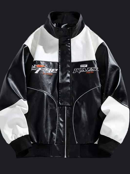 Front view of the URBAN UNIT Apex Track Jacket in black and white, featuring racing-inspired chest graphics and premium faux-leather finish in a loose-fit cut.