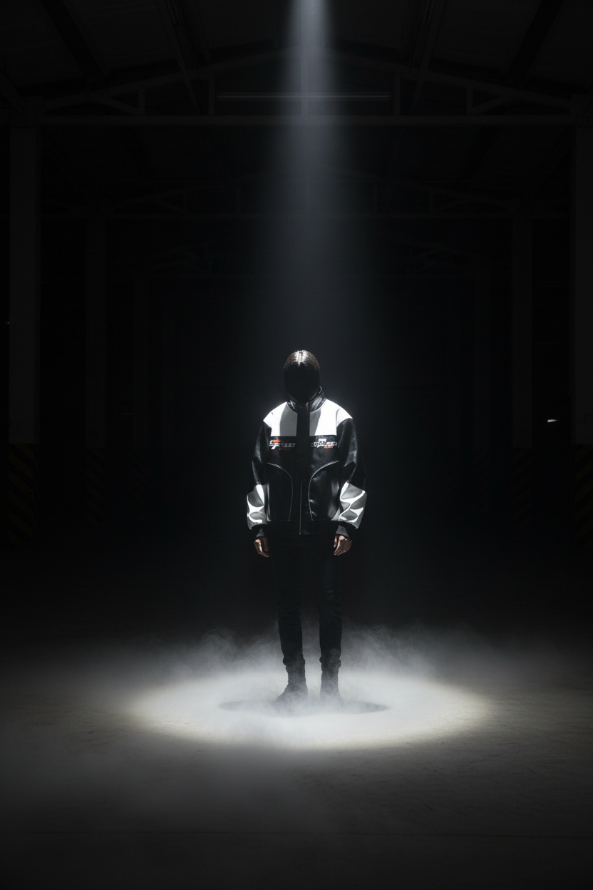 Hero shot of black and white APEX Track Jacket under single spotlight in dark industrial space with fog, URBAN UNIT branding.