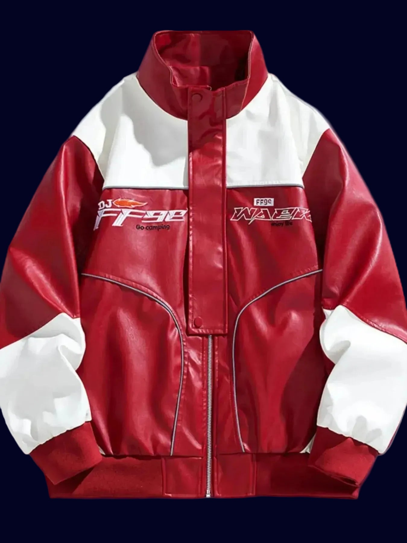 Front view of the URBAN UNIT Apex Track Jacket in racing red and white, featuring signature street graphics and heavy-duty zipper construction.