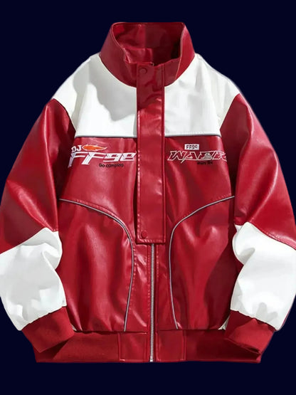 Front view of the URBAN UNIT Apex Track Jacket in racing red and white, featuring signature street graphics and heavy-duty zipper construction.