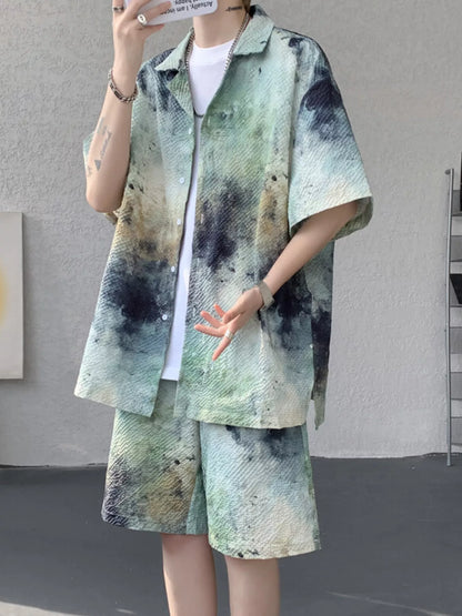 URBAN UNIT Corrosion Tie-Dye Set in Acid Moss. Plus Size Optimized oversized button-up shirt and shorts featuring a textured micro-pleated industrial wash.