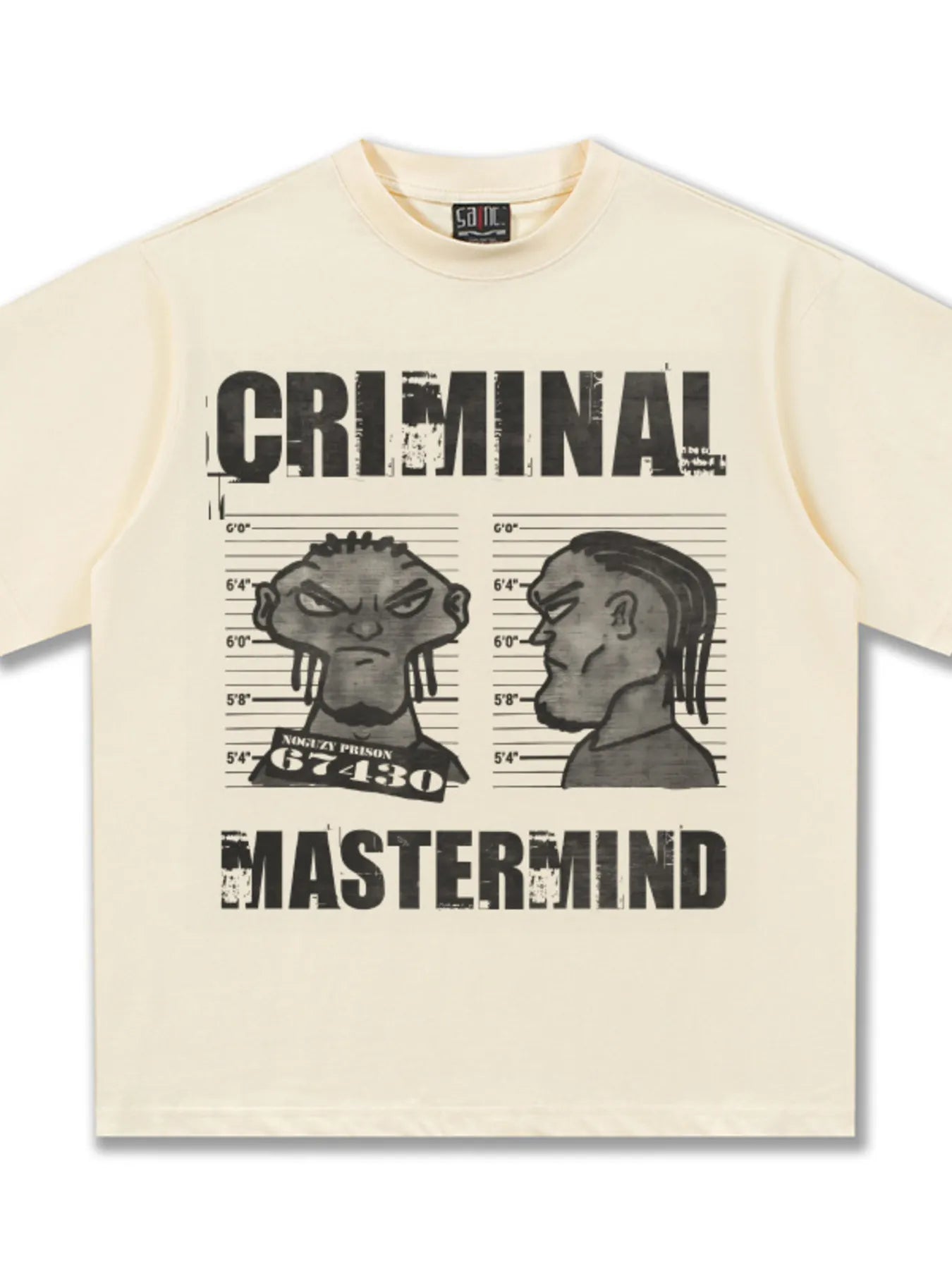 Flat lay of the Industrial Beige Criminal Mastermind Graphic Tee by URBAN UNIT displaying the relaxed Plus Size Optimized drape.