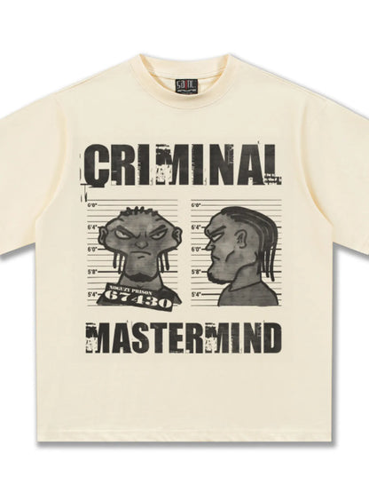 Flat lay of the Industrial Beige Criminal Mastermind Graphic Tee by URBAN UNIT displaying the relaxed Plus Size Optimized drape.