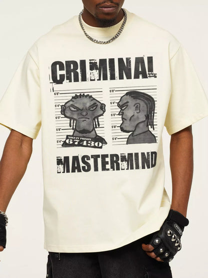 Beige Criminal Mastermind Oversized Tee by URBAN UNIT. Tactical off-white streetwear with a contrasting dark mugshot graphic.