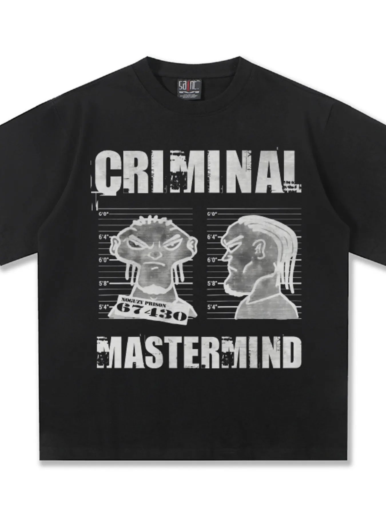 Flat lay of the Midnight Black Criminal Mastermind Graphic Tee by URBAN UNIT showing the heavy-duty cotton blend structure.