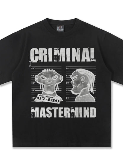 Flat lay of the Midnight Black Criminal Mastermind Graphic Tee by URBAN UNIT showing the heavy-duty cotton blend structure.