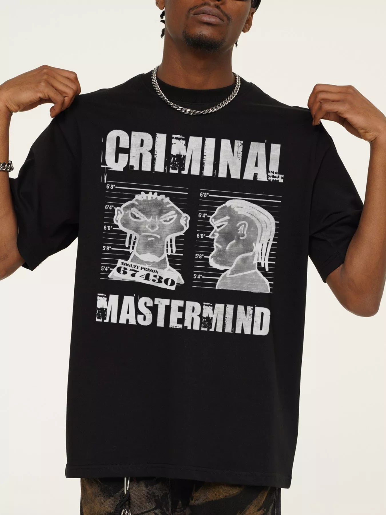 Midnight Black Criminal Mastermind Oversized Tee by URBAN UNIT. Essential dark streetwear with a stark contrasting white mugshot print.