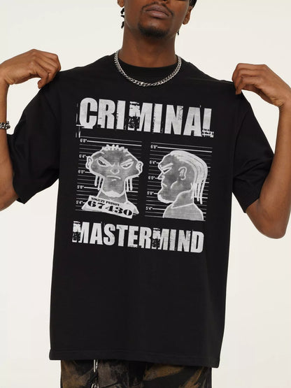 Midnight Black Criminal Mastermind Oversized Tee by URBAN UNIT. Essential dark streetwear with a stark contrasting white mugshot print.