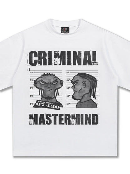 Flat lay of the Pure White Criminal Mastermind Graphic Tee by URBAN UNIT showing the bold front print and oversized drop-shoulder cut.