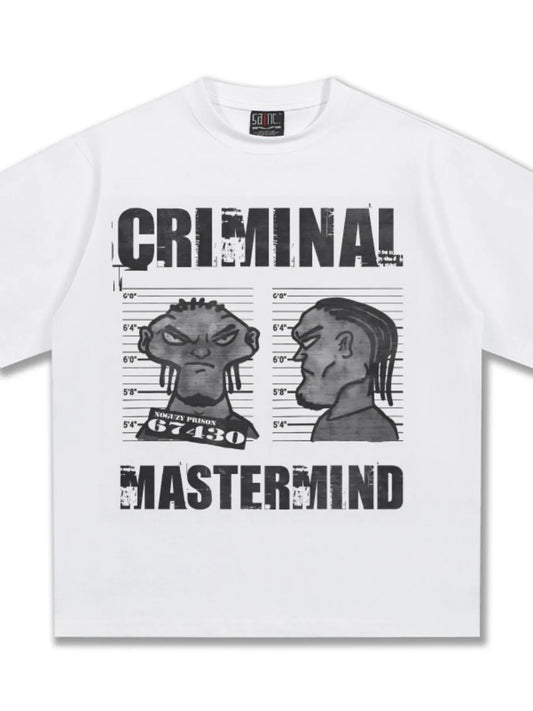 Flat lay of the Pure White Criminal Mastermind Graphic Tee by URBAN UNIT showing the bold front print and oversized drop-shoulder cut.