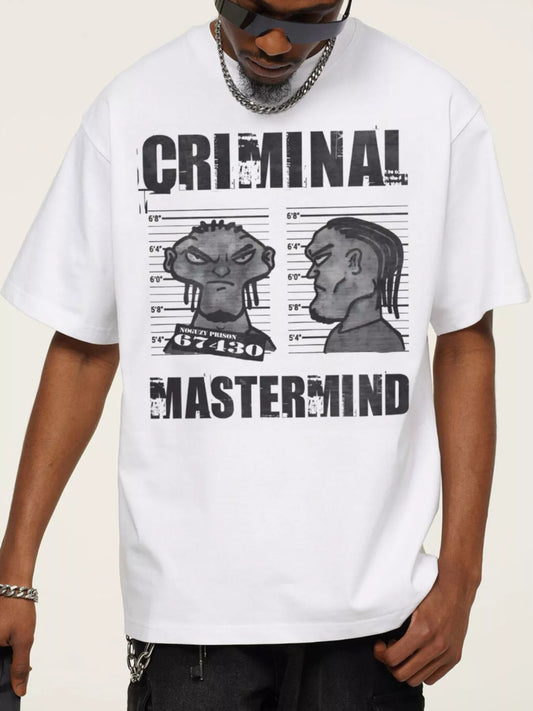 Pure White Criminal Mastermind Oversized Tee by URBAN UNIT worn by a model. Premium streetwear featuring a gritty vintage mugshot graphic.