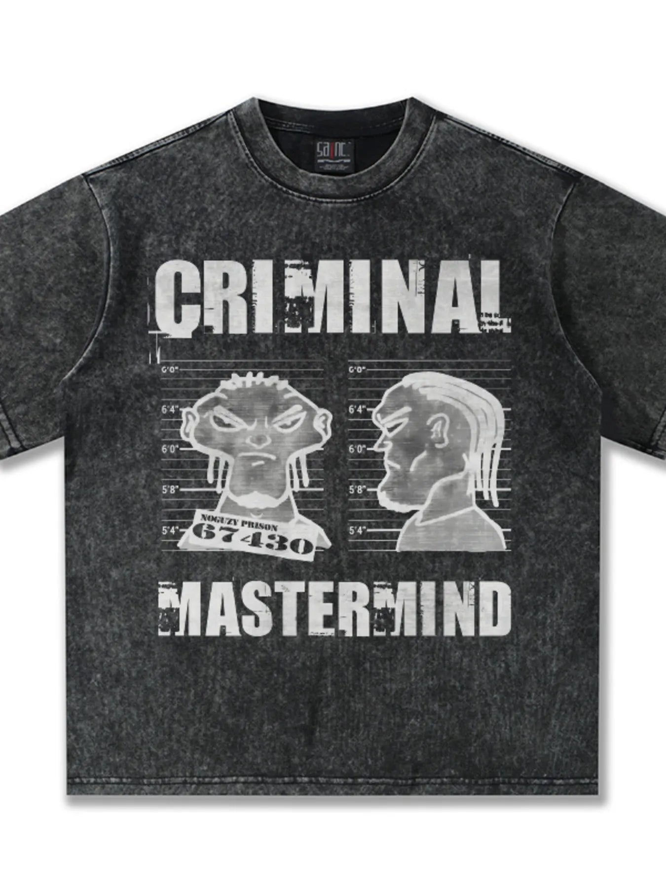 Flat lay of the Washed Asphalt Criminal Mastermind Graphic Tee by URBAN UNIT highlighting the distressed street aesthetic and wide silhouette.
