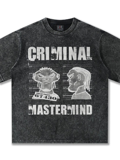 Flat lay of the Washed Asphalt Criminal Mastermind Graphic Tee by URBAN UNIT highlighting the distressed street aesthetic and wide silhouette.