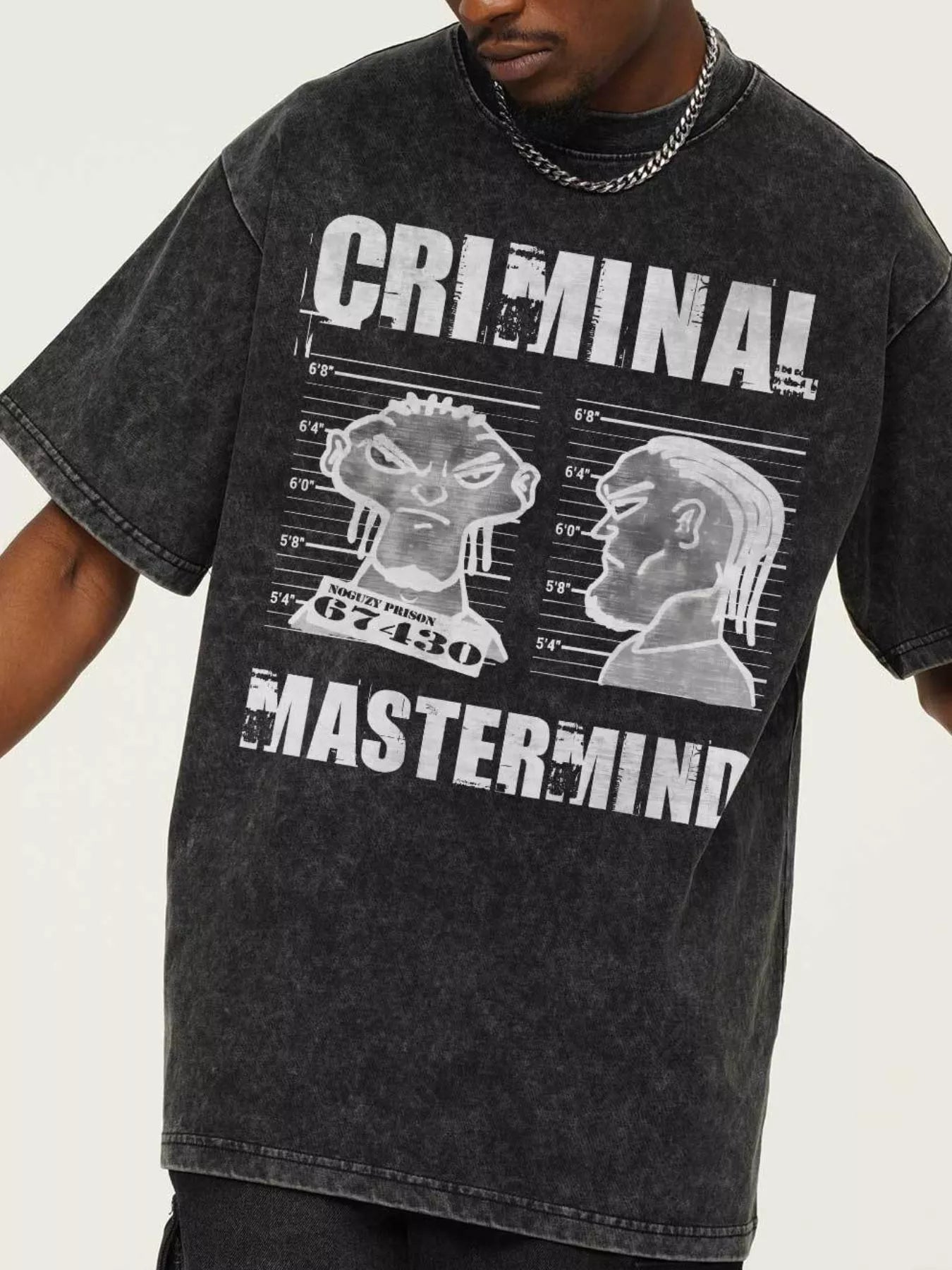 Washed Asphalt grey Criminal Mastermind Oversized Tee by URBAN UNIT. Raw vintage fade graphic streetwear built for the urban grind.