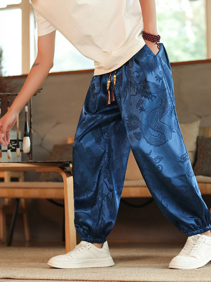 Model wearing the URBAN UNIT Dynasty Silhouette Jacquard Harem Pants in Sapphire Blue, showcasing the fluid drape and mobility of the Plus Size Optimized cut.