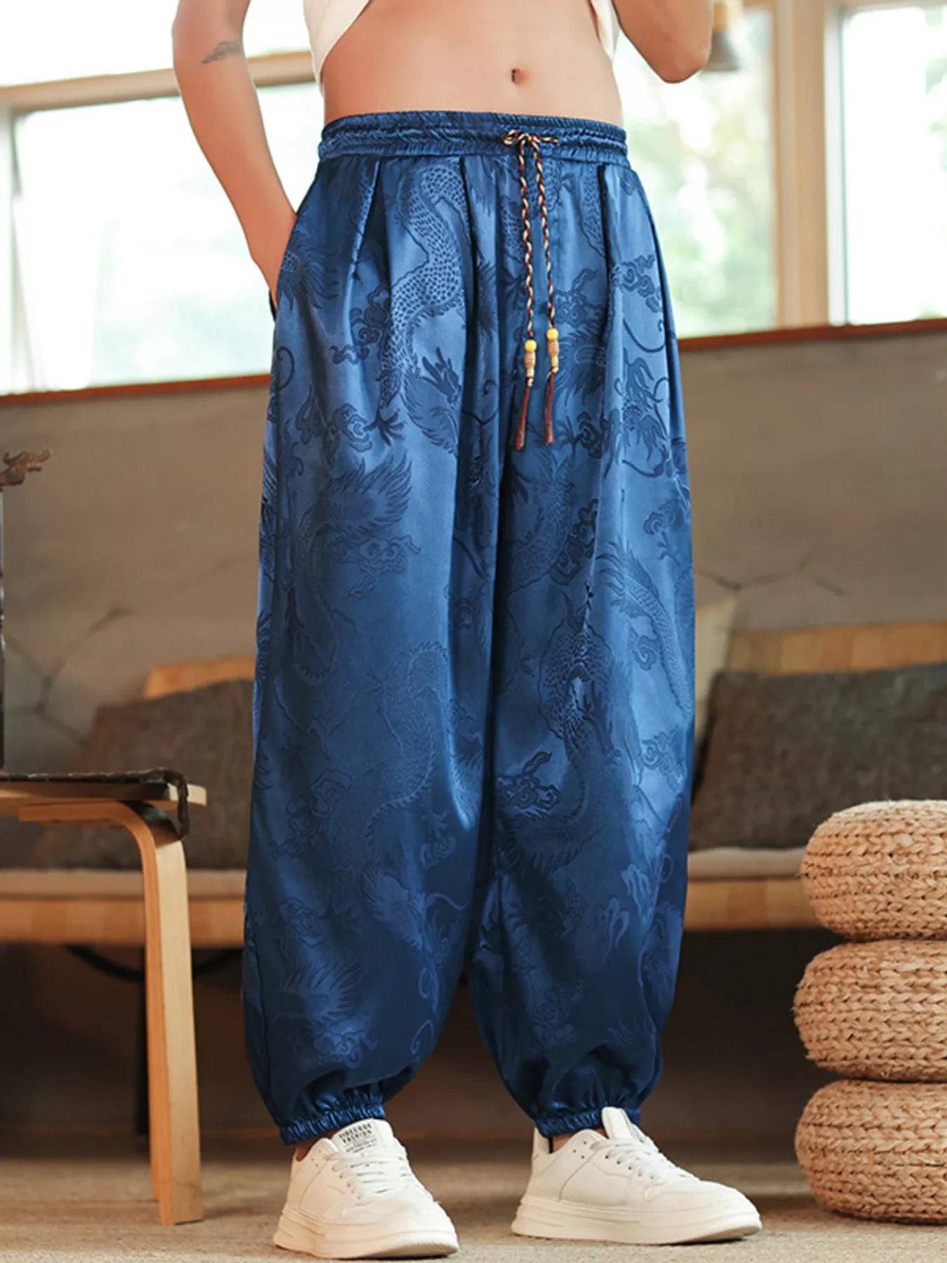 URBAN UNIT Dynasty Silhouette Jacquard Harem Pants in Sapphire Blue. High-end streetwear pants featuring deep pockets and a reinforced drawstring waist.