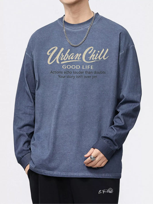URBAN UNIT ECHO Oversized Long Sleeve in Faded Indigo - Vintage Wash Texture and Chest Graphic Detail