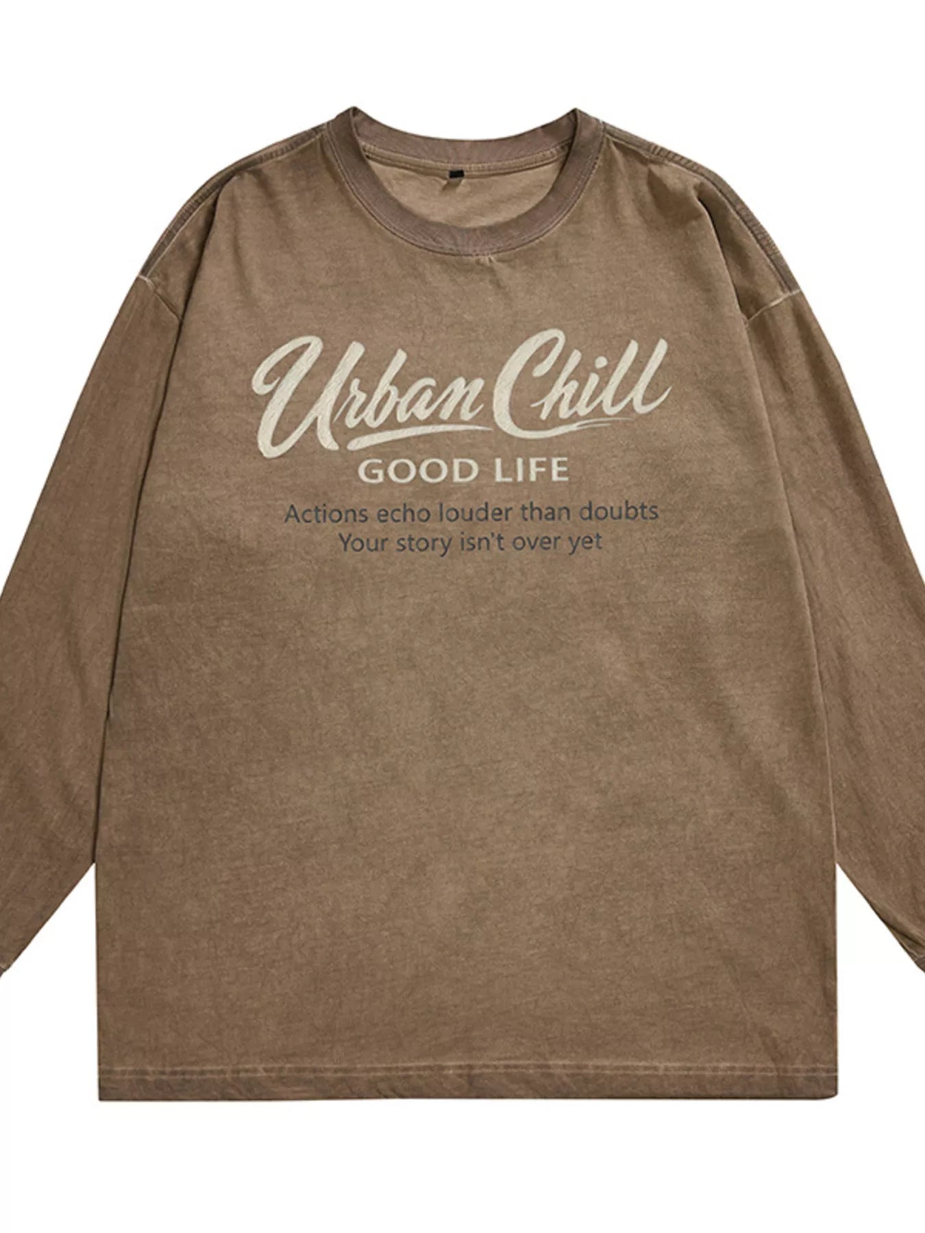 URBAN UNIT ECHO Oversized Long Sleeve in Vintage Mocha - Flat Lay Front View with Chest Graphic