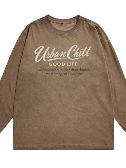 URBAN UNIT ECHO Oversized Long Sleeve in Vintage Mocha - Flat Lay Front View with Chest Graphic