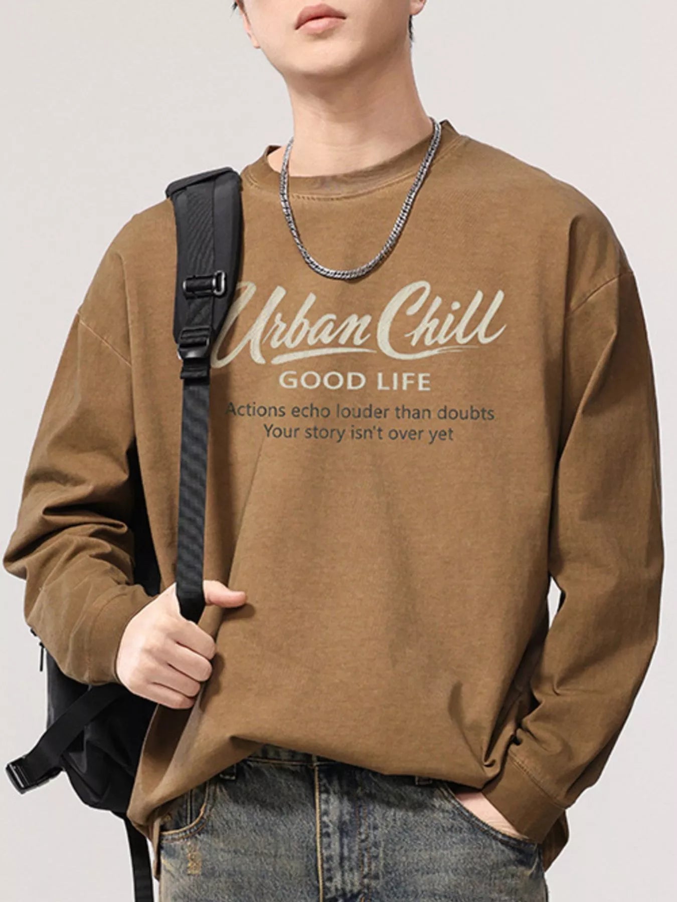 URBAN UNIT ECHO Oversized Long Sleeve in Vintage Mocha - Earth Tone Men's Streetwear Fit