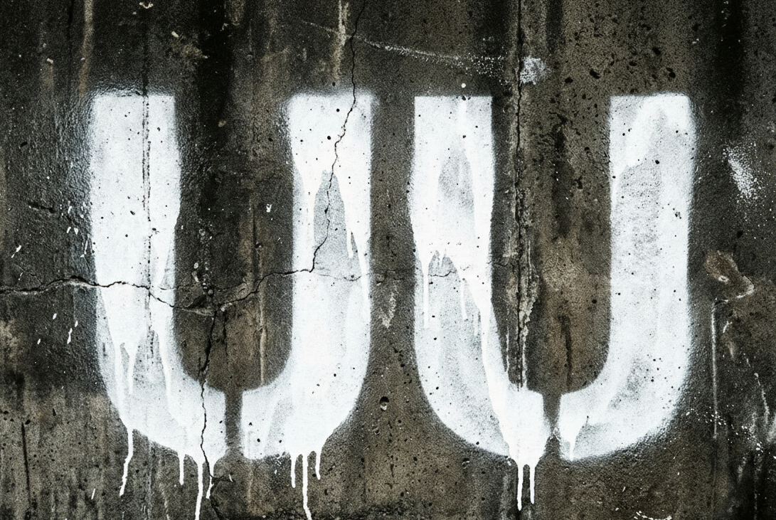 White graffiti-style UU logo spray-painted on a dark, weathered concrete wall representing the URBAN UNIT brand