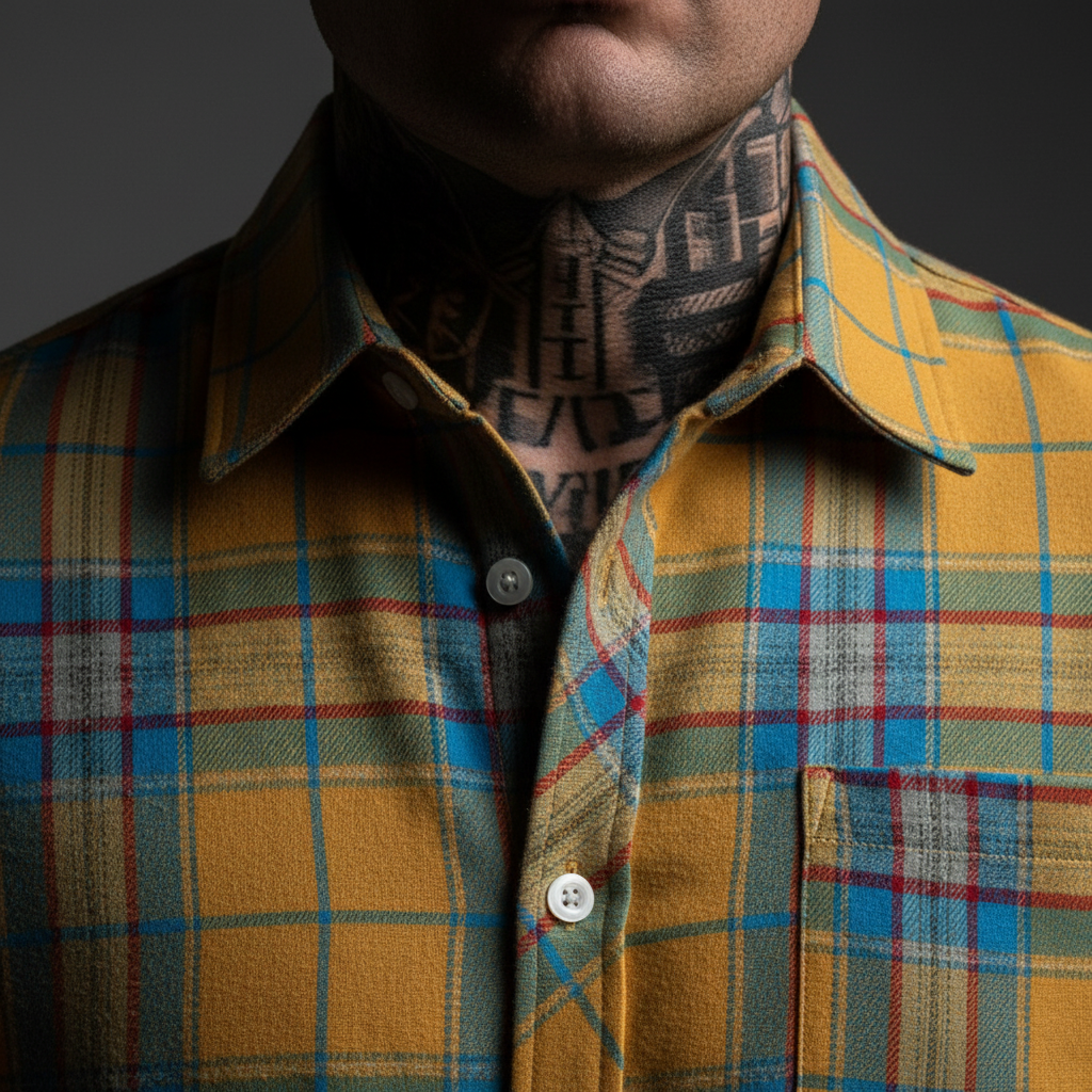 Close-up portrait of the URBAN UNIT Gridlock flannel shirt collar and heavy cotton fabric texture against a tattooed neck, with a graffiti-covered brick wall background. Highlights the authentic street vibe.