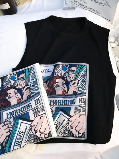 Close-up detail of the URBAN UNIT Morning News Graphic Tank in Midnight Black, highlighting the vintage comic print and durable fabric for the urban grind.