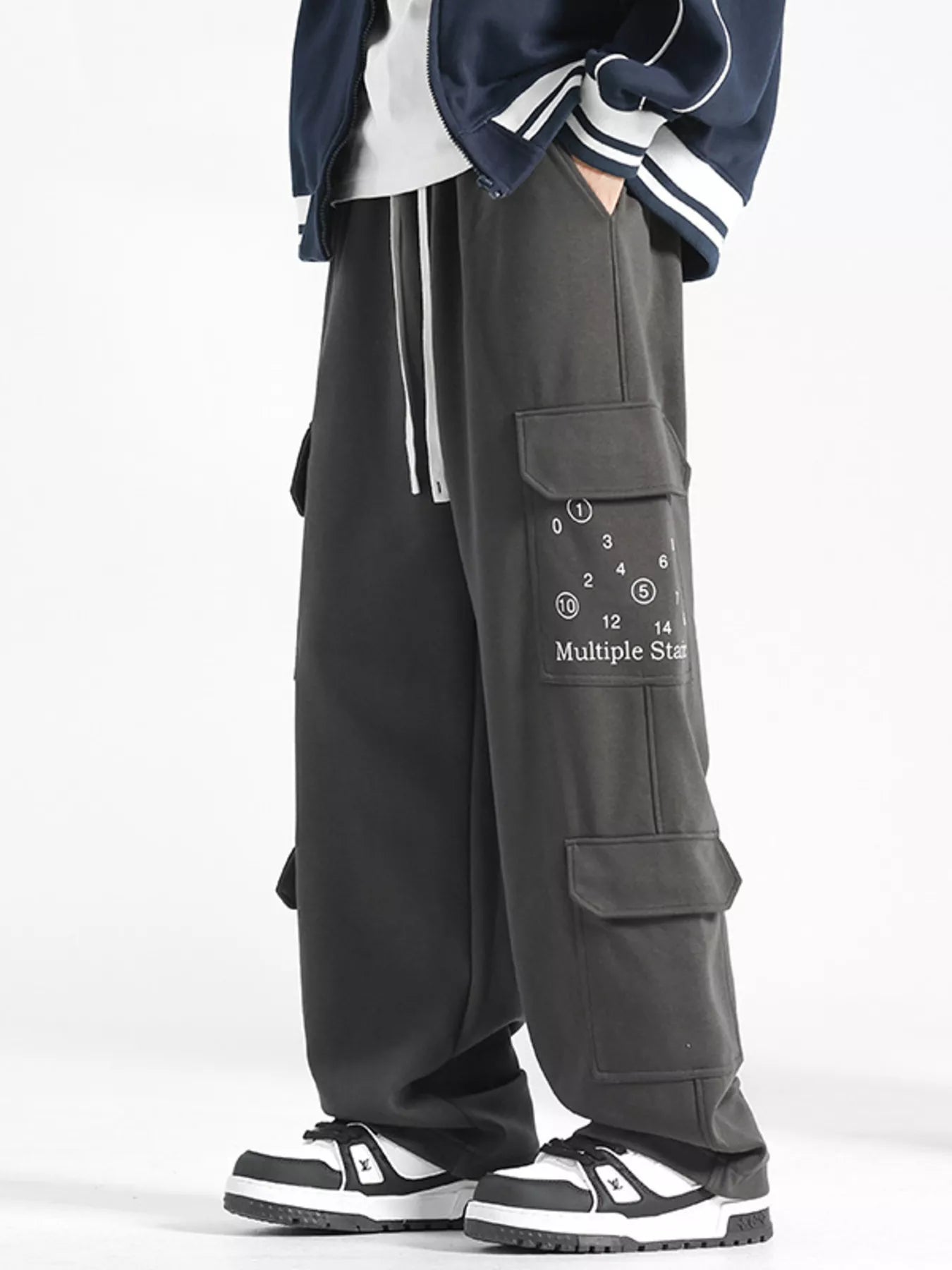 URBAN UNIT Multiple Star Loose Fit Cargo Pants in Asphalt Grey - Full Side View
