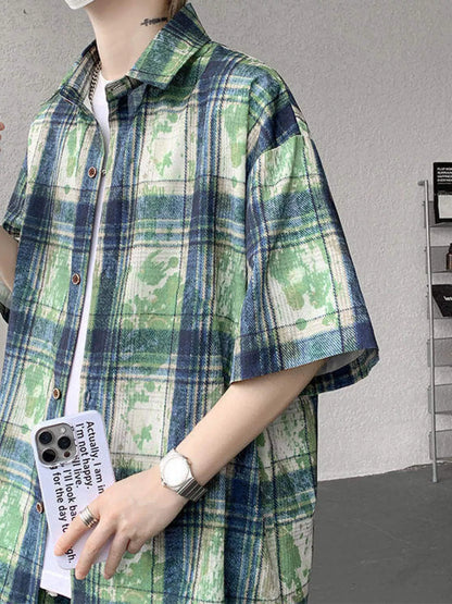 Back view of the URBAN UNIT OFF-GRID Plaid Set in Acid Turf, showing the wide streetwear cut and structural integrity of the co-ord.