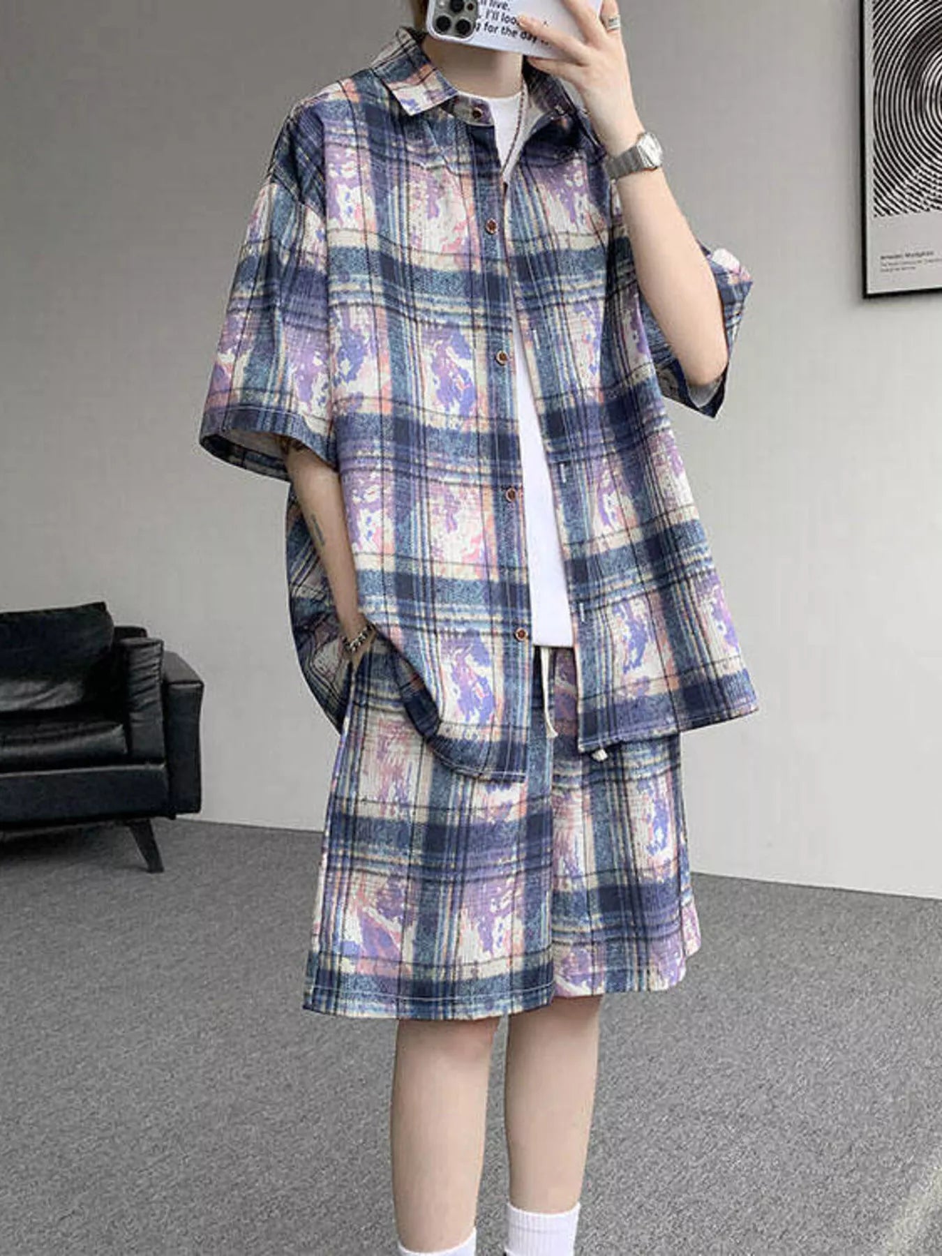 Side profile of the URBAN UNIT OFF-GRID Plaid Set in Cobalt Phantom, showcasing the plus size optimized loose-fit drape and pocketed shorts.