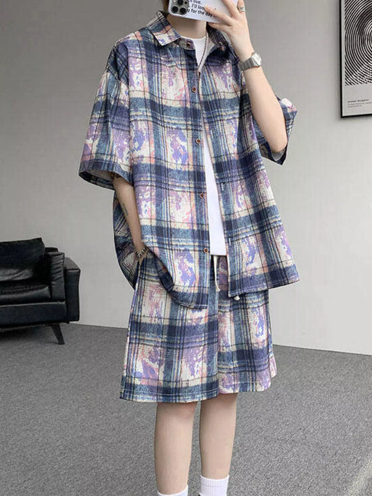 Side profile of the URBAN UNIT OFF-GRID Plaid Set in Cobalt Phantom, showcasing the plus size optimized loose-fit drape and pocketed shorts.