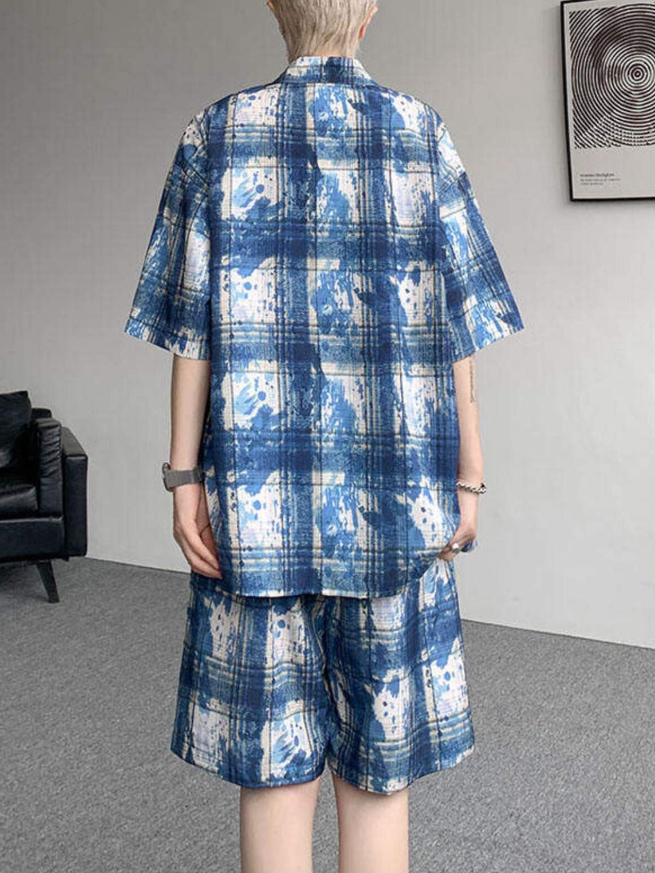 Back view of the URBAN UNIT OFF-GRID Plaid Set in Electric Blueprint, emphasizing the crisp zero-stretch fabric and urban silhouette.
