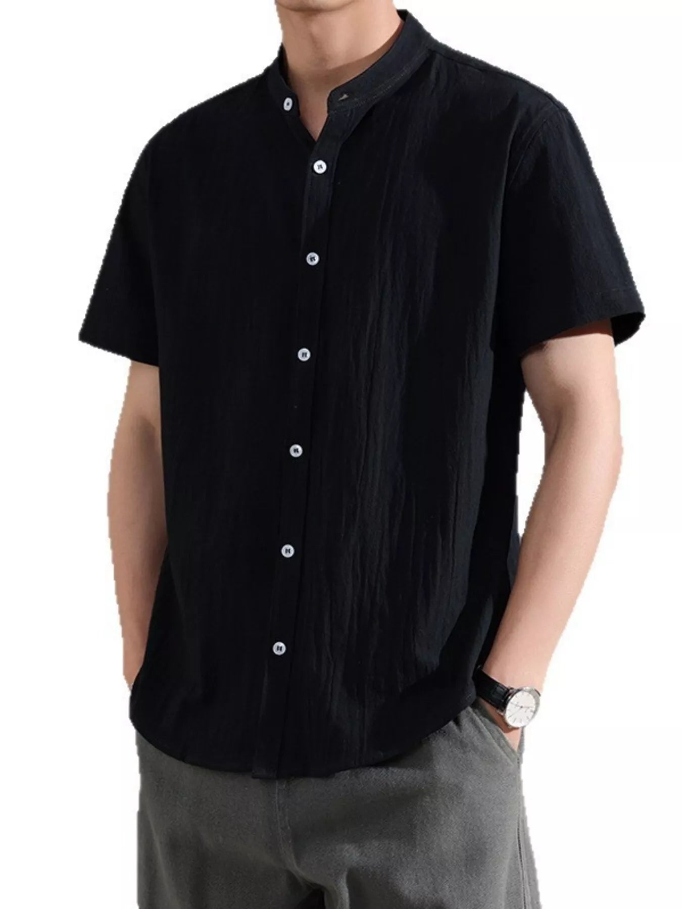Model wearing the URBAN UNIT Origin Silhouette Mandarin Collar Shirt in Midnight Black. Deep, authoritative urban streetwear built for the daily grind.