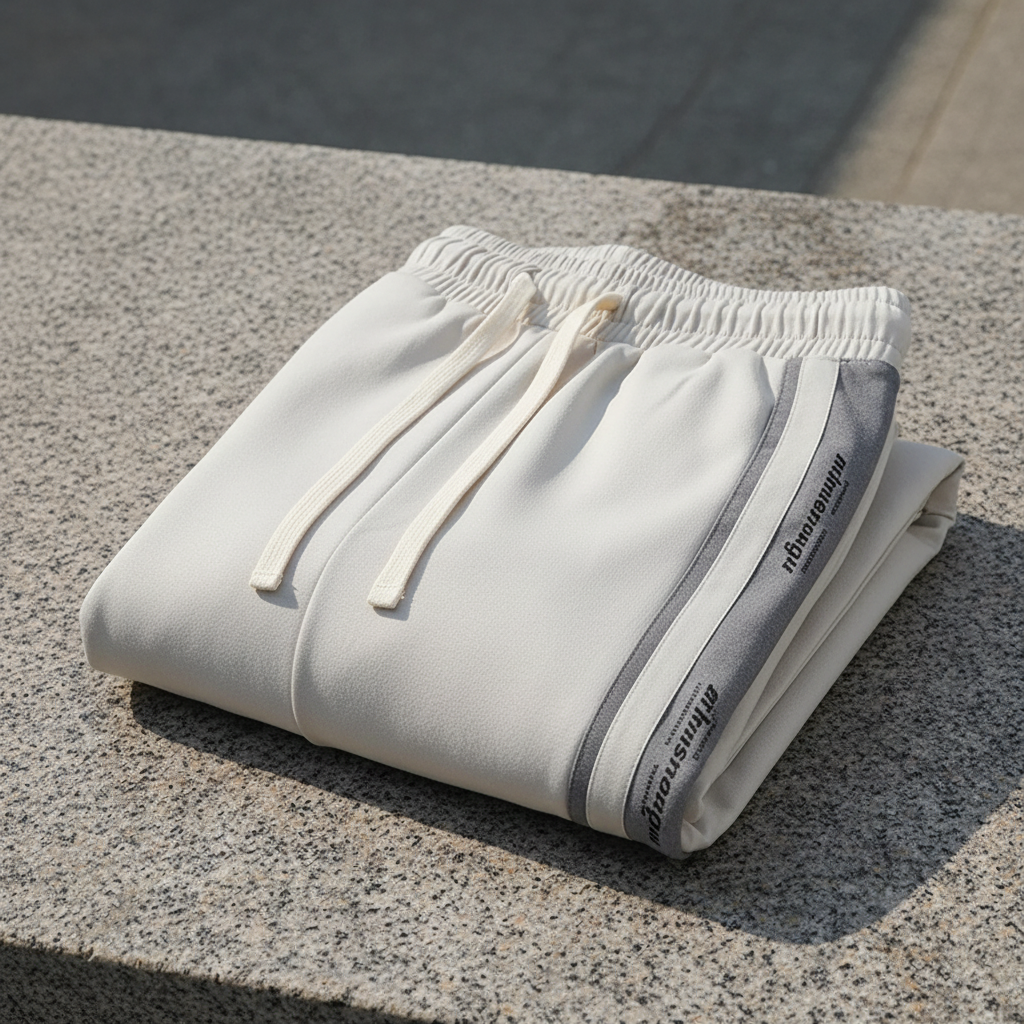 Detailed shot of folded beige Parallel Silhouette sweatpants on stone, showcasing the heavy fabric and signature side stripes.