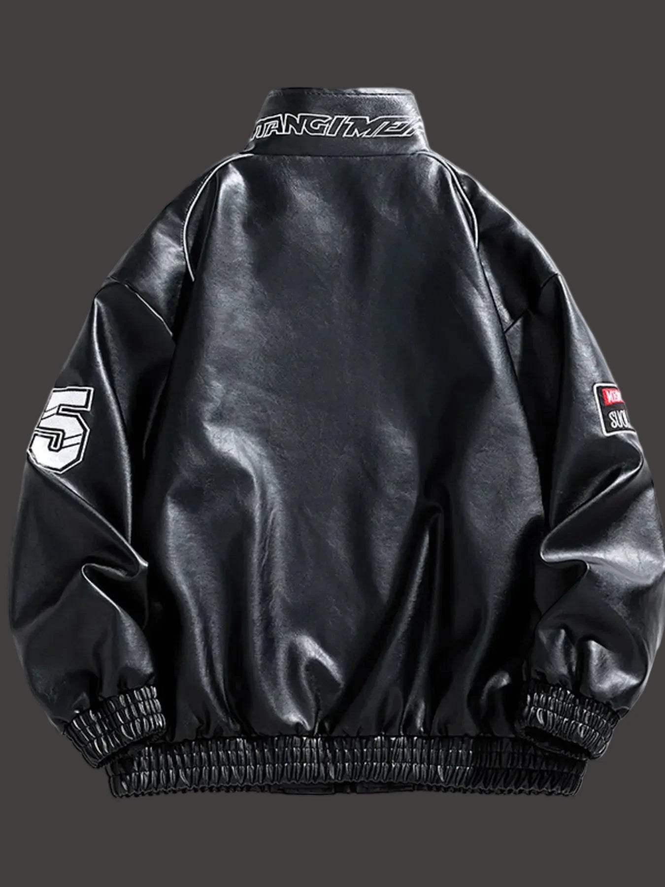 Back view of URBAN UNIT Racing Leatherette Shield in Black - featuring oversized fit, elastic waistband, and high-quality synthetic leather finish.