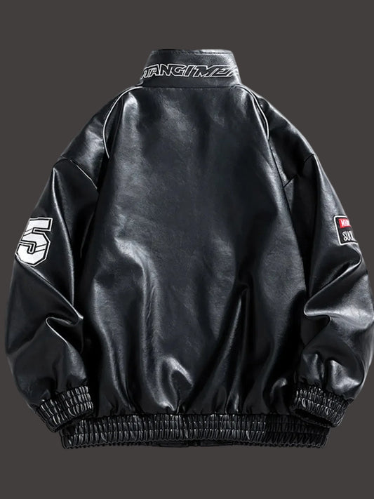 Back view of URBAN UNIT Racing Leatherette Shield in Black - featuring oversized fit, elastic waistband, and high-quality synthetic leather finish.